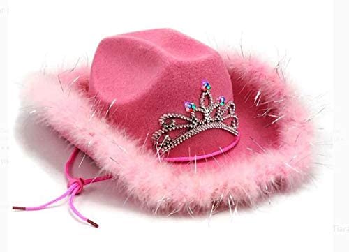 Pink Light up Tiara Cowgirl Dress Up Hat With Feather Trim - Blinking Rodeo Princess Cowboy Hat