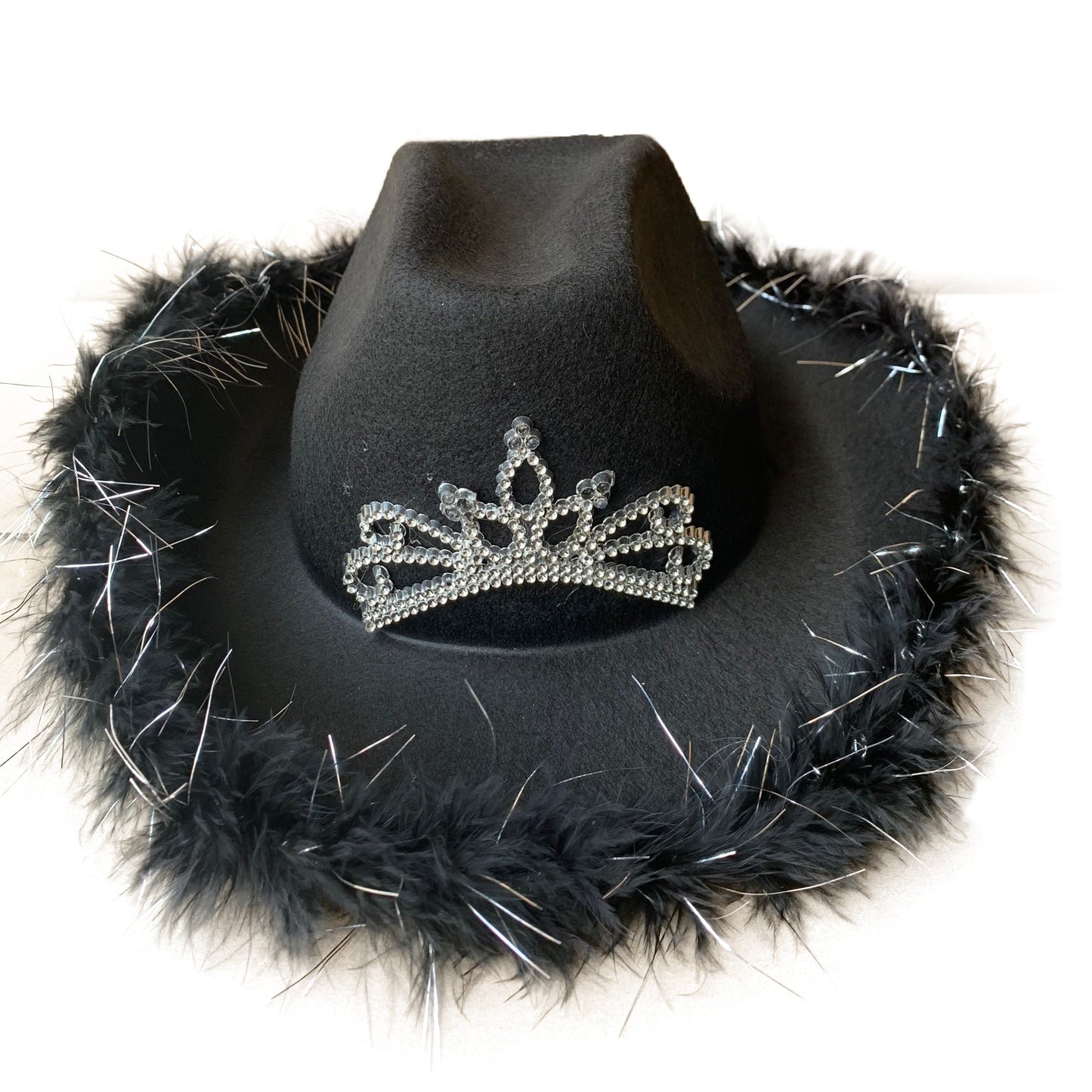 Halloween Black Light up Cowgirl Hat with Tiara and Feathers- Rodeo Princess Cowgirl Hat - Perfect Wild West and Dance Parties