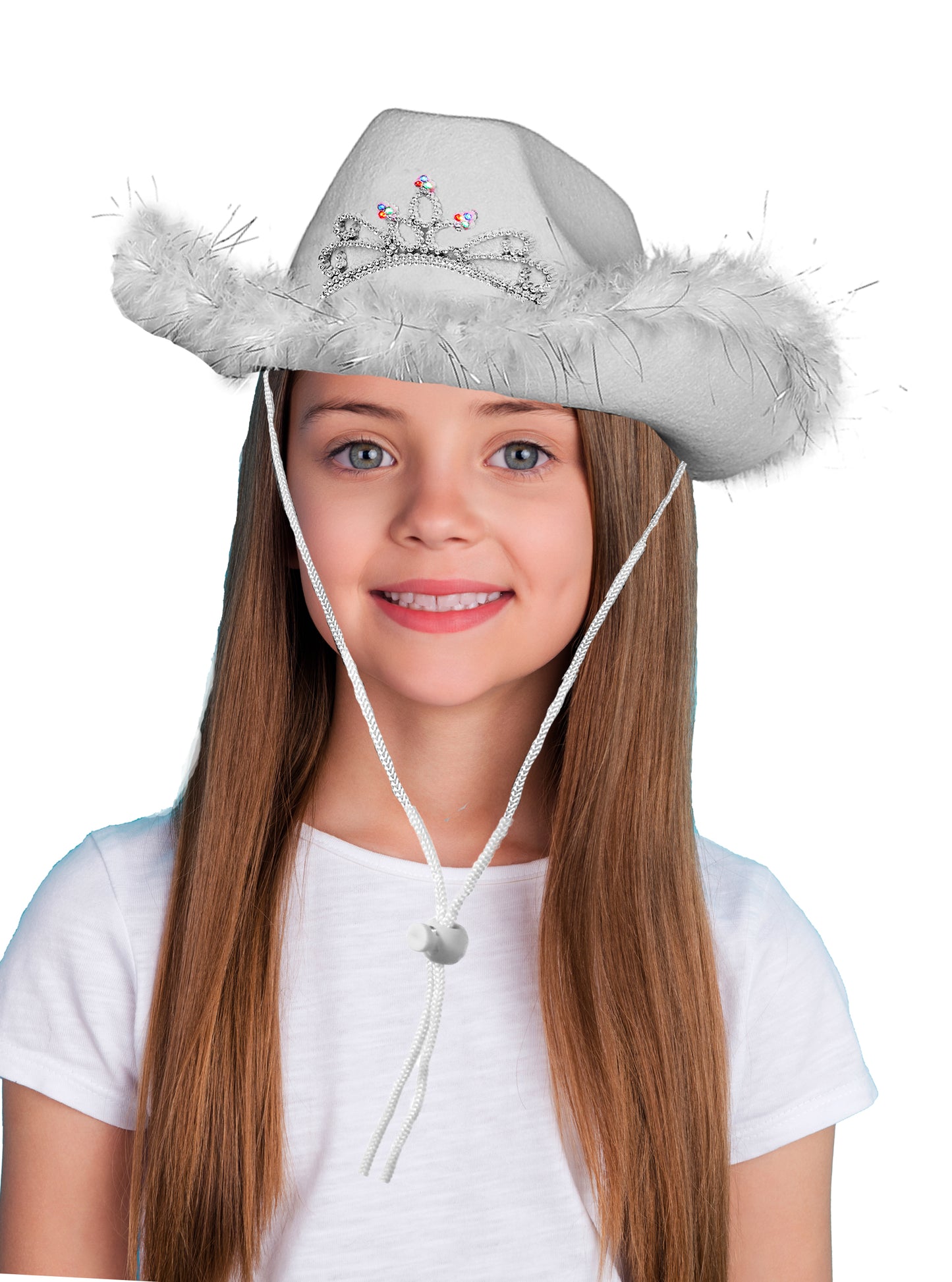 Pink Child Cowboy Hat with Blinking Tiara and Feathers – Light-Up Kids Felt Cowgirl Hat For Western Costume Rodeo Party Hat