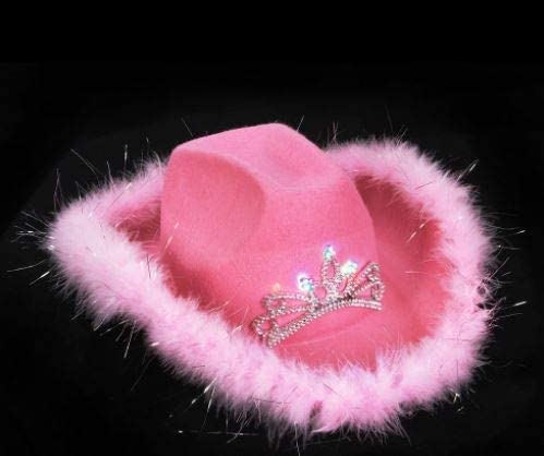 Pink Light up Tiara Cowgirl Dress Up Hat With Feather Trim - Blinking Rodeo Princess Cowboy Hat