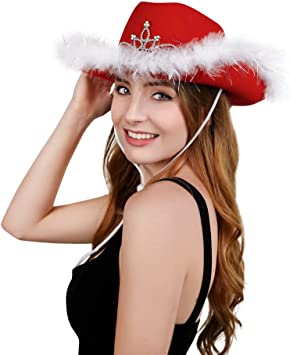 Red Blinking Tiara Felt Cowboy Cowgirl Dress Up Hat With Feather Trim