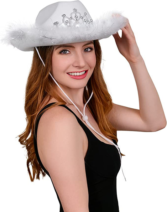 White Light up Tiara Cowgirl Dress Up Hat With Feather Trim - Blinking Rodeo Princess Cowboy Hat