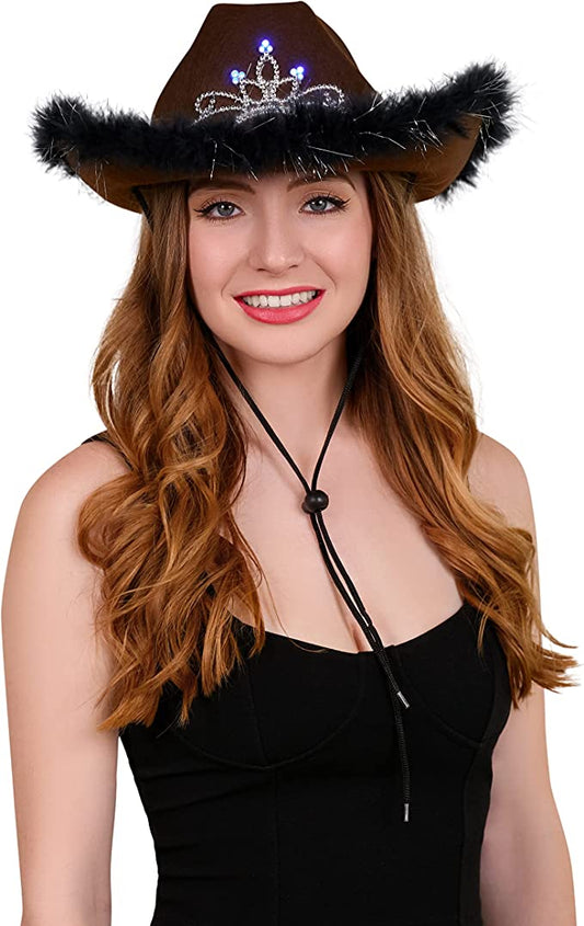 Brown Light up Tiara Cowgirl Dress Up Hat With Feather Trim - Blinking Rodeo Princess Cowboy Hat