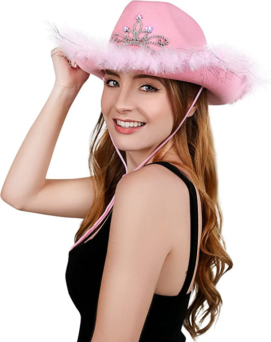 Pink Light up Tiara Cowgirl Dress Up Hat With Feather Trim - Blinking Rodeo Princess Cowboy Hat