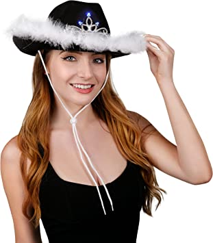 Black Light up Felt Cowboy Cowgirl Dress Up Hat With White Feather Trim and Light up Tiara