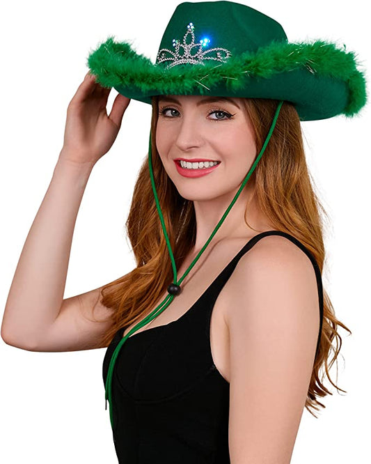 Green Light up Cowboy Hat with Tiara and Feathers- Rodeo Princess Cowgirl Hat - Perfect Christmas, St Patrick's day Parade, Mardi Gras