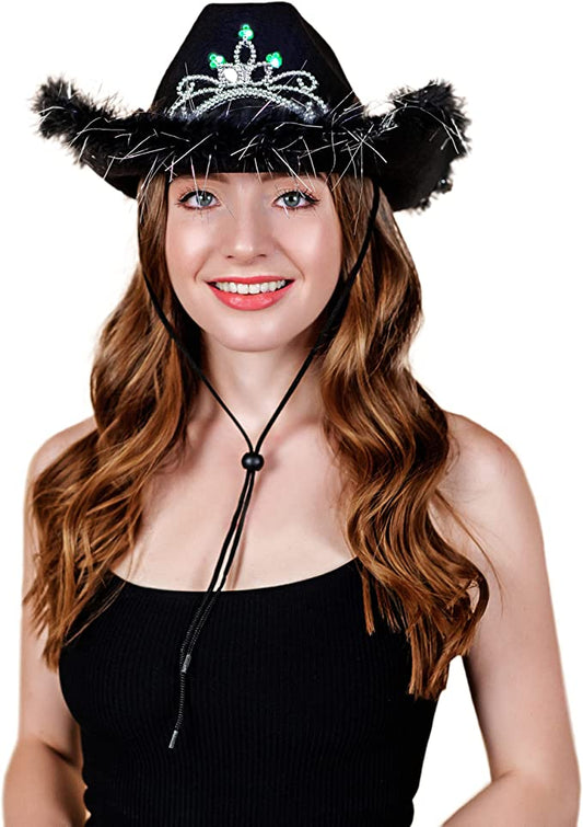 Halloween Black Light up Cowgirl Hat with Tiara and Feathers- Rodeo Princess Cowgirl Hat - Perfect Wild West and Dance Parties