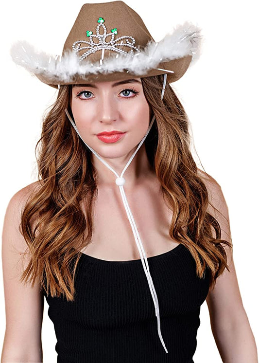 Beige Light up Tiara Cowgirl Dress Up Hat with Feather Trim - Blinking Rodeo Princess Cowboy Hat