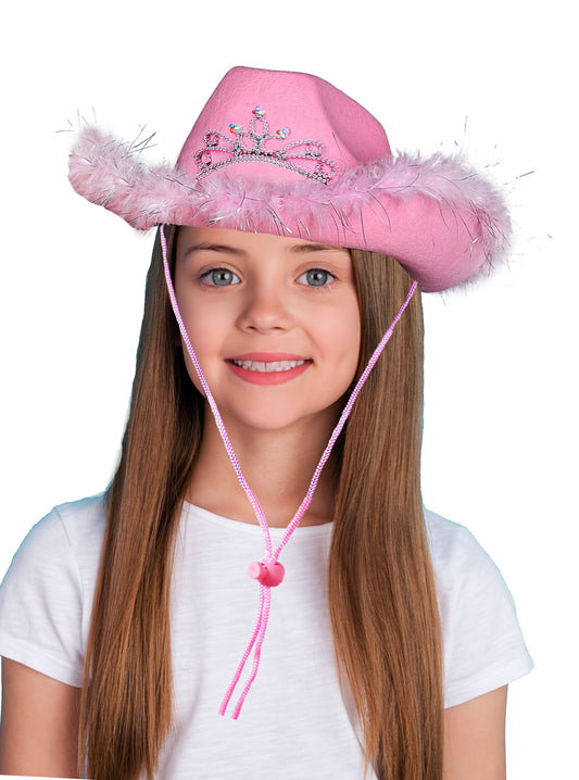 Pink Child Cowboy Hat with Blinking Tiara and Feathers – Light-Up Kids Felt Cowgirl Hat For Western Costume Rodeo Party Hat