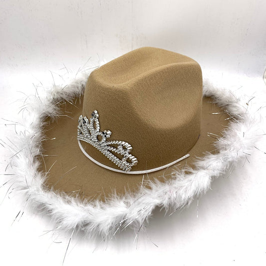 Beige Light up Tiara Cowgirl Dress Up Hat with Feather Trim - Blinking Rodeo Princess Cowboy Hat