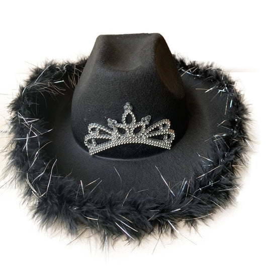 Halloween Black Light up Cowgirl Hat with Tiara and Feathers- Rodeo Princess Cowgirl Hat - Perfect Wild West and Dance Parties