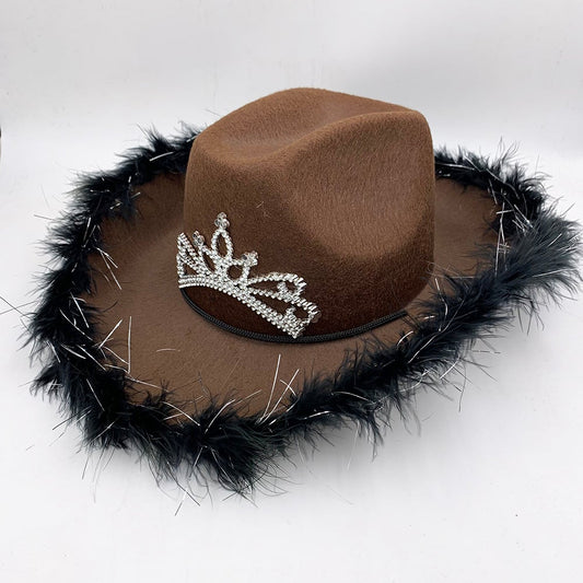 Brown Light up Tiara Cowgirl Dress Up Hat With Feather Trim - Blinking Rodeo Princess Cowboy Hat