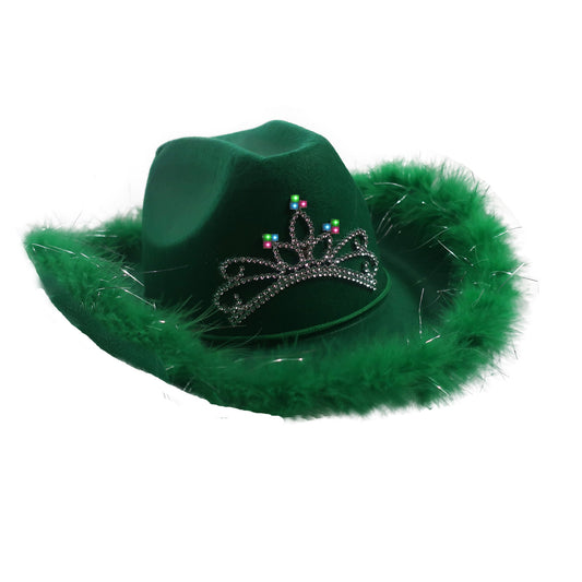 Green Light up Cowboy Hat with Tiara and Feathers- Rodeo Princess Cowgirl Hat - Perfect Christmas, St Patrick's day Parade, Mardi Gras