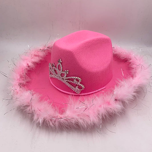 Pink Child Cowboy Hat with Blinking Tiara and Feathers – Light-Up Kids Felt Cowgirl Hat For Western Costume Rodeo Party Hat