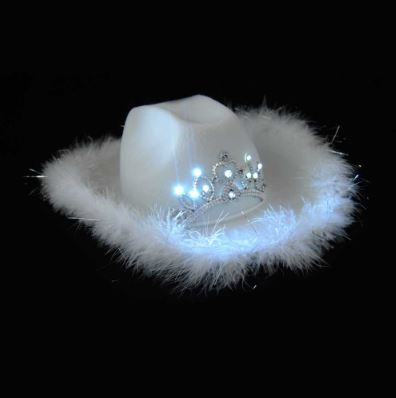 White Light up Tiara Cowgirl Dress Up Hat With Feather Trim - Blinking Rodeo Princess Cowboy Hat